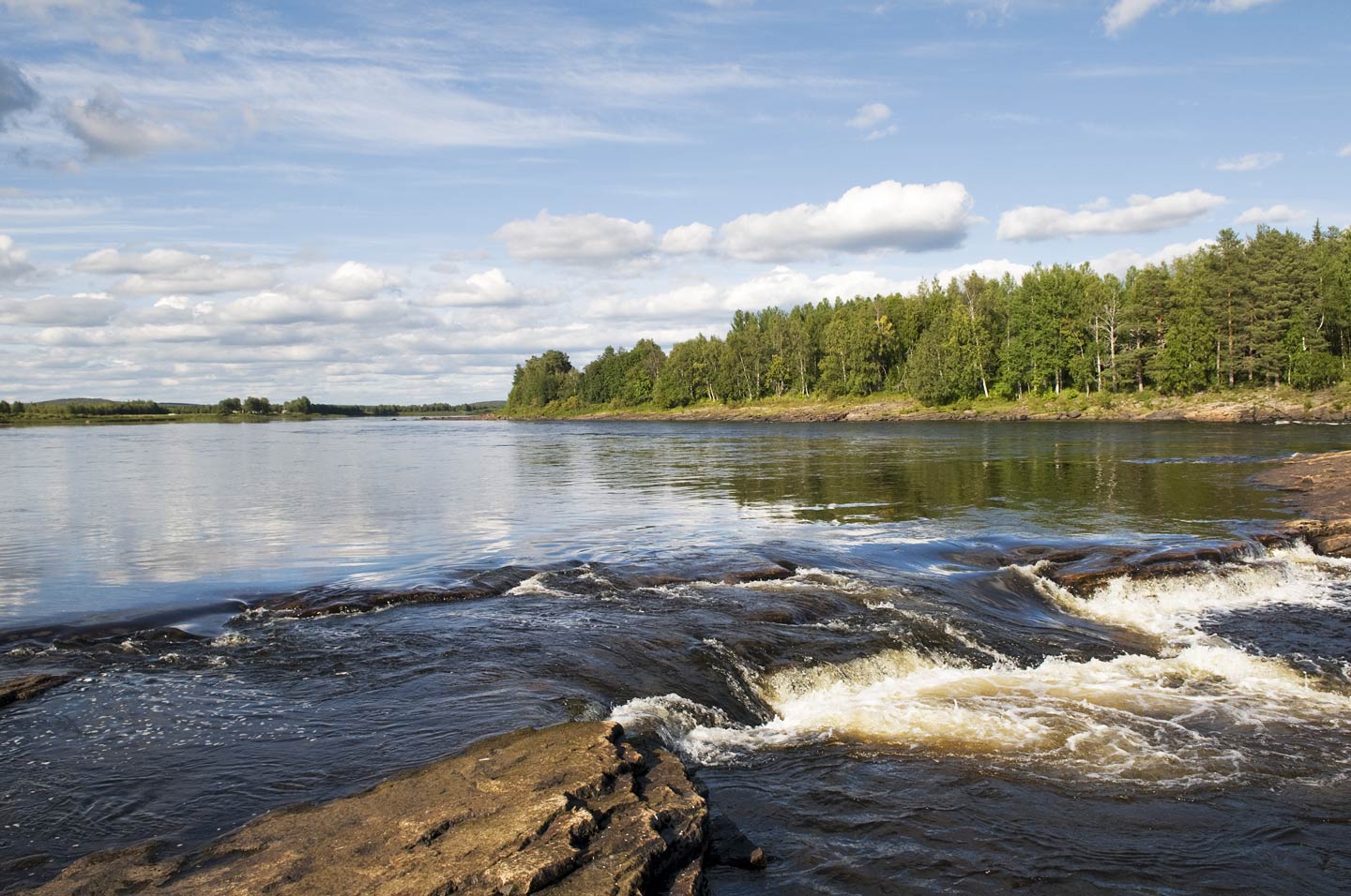 Ein Blick auf den Fluss Torne älv in Schweden mit den Wäldern im Hintergrund
