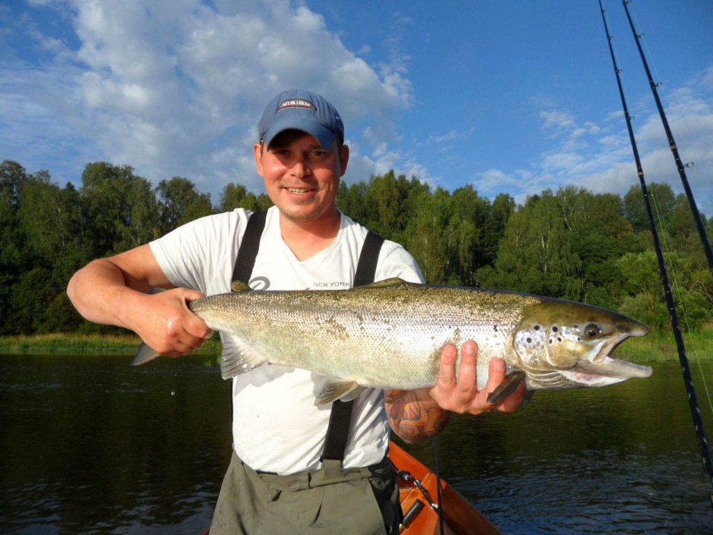 Ein finnischer Angler, der einen Lachs hält.