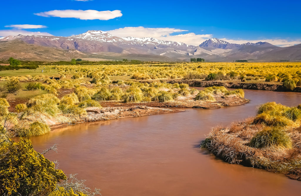 Der Rio Grande windet sich durch die argentinische Landschaft vor einer Bergkette.
